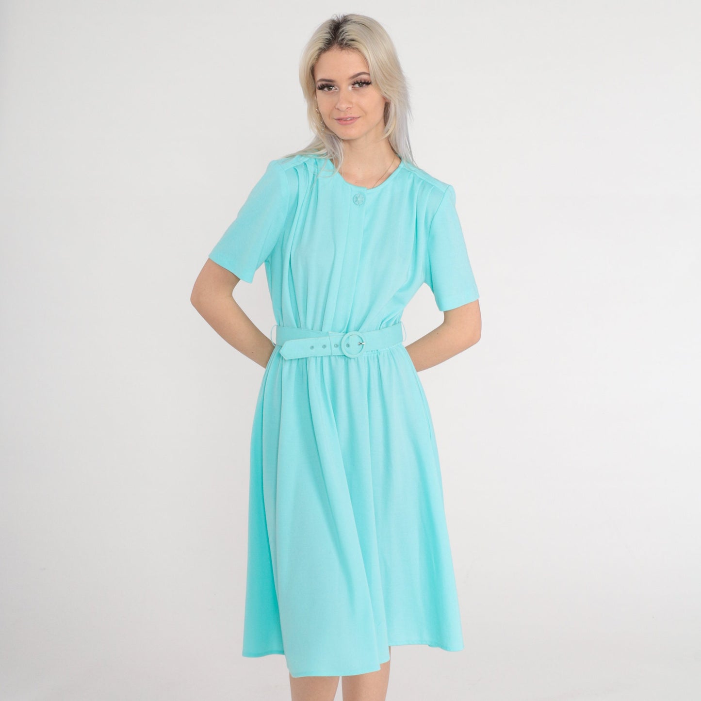 80s Mint Blue Button-Up Midi Shirtdress High Waisted Belted Secretary Medium