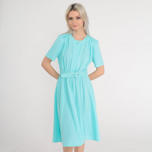 80s Mint Blue Button-Up Midi Shirtdress High Waisted Belted Secretary Medium
