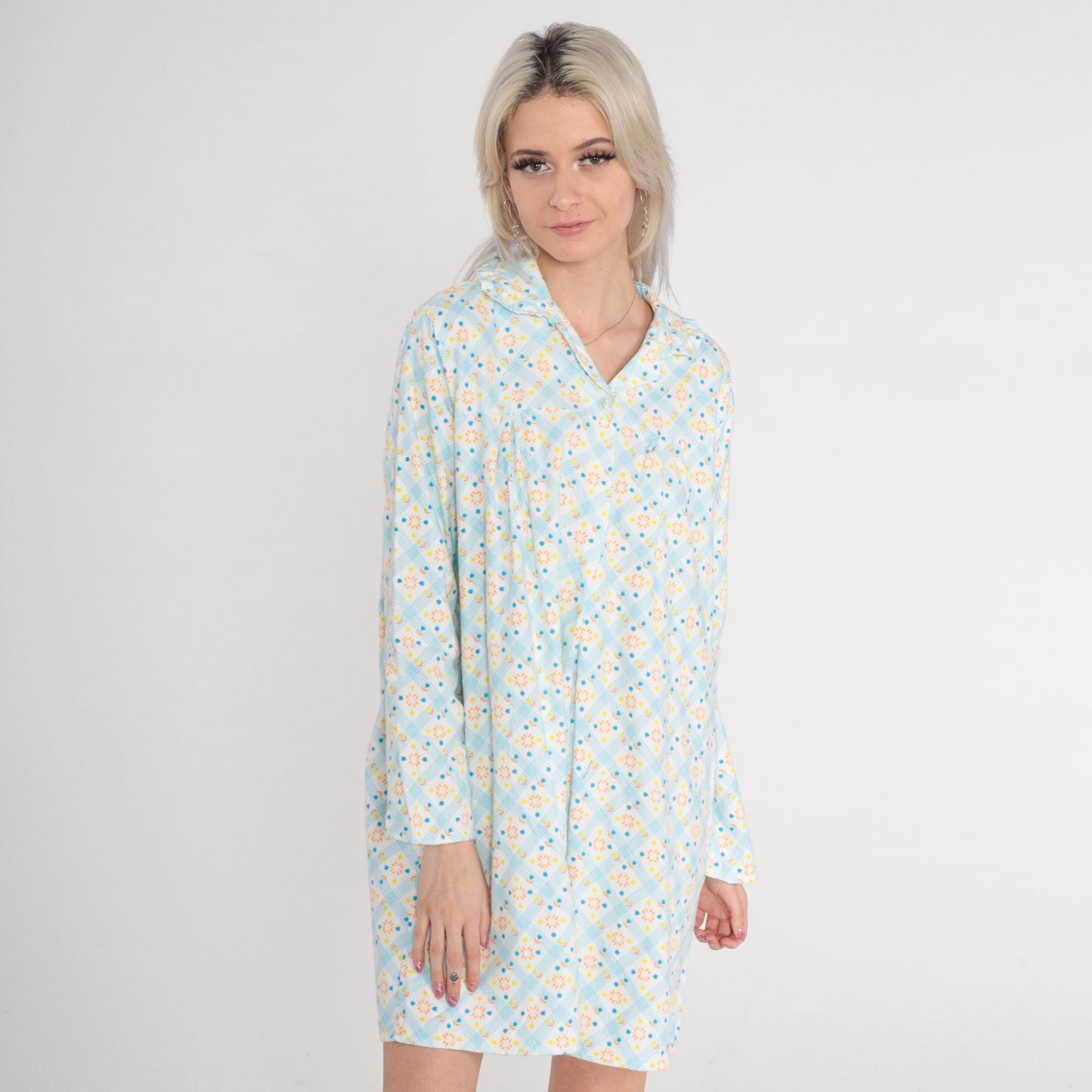 70s Checkered Floral Pajama Dress Cotton Fleece Nightgown Mini White Blue Medium