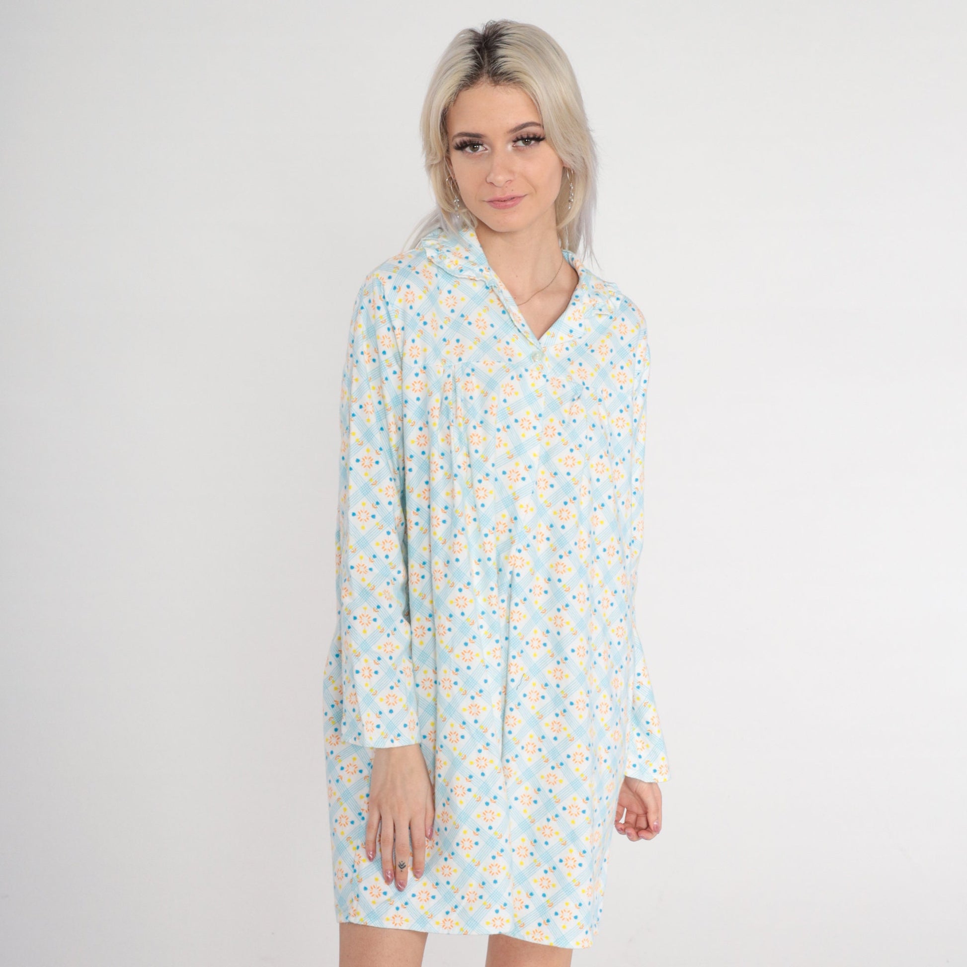 70s Checkered Floral Pajama Dress Cotton Fleece Nightgown Mini White Blue Medium