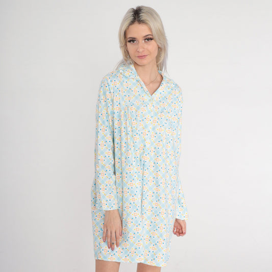 70s Checkered Floral Pajama Dress Cotton Fleece Nightgown Mini White Blue Medium