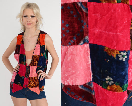 70s Velvet Patchwork Floral Button-Up Vest Pink Red Blue Medium M