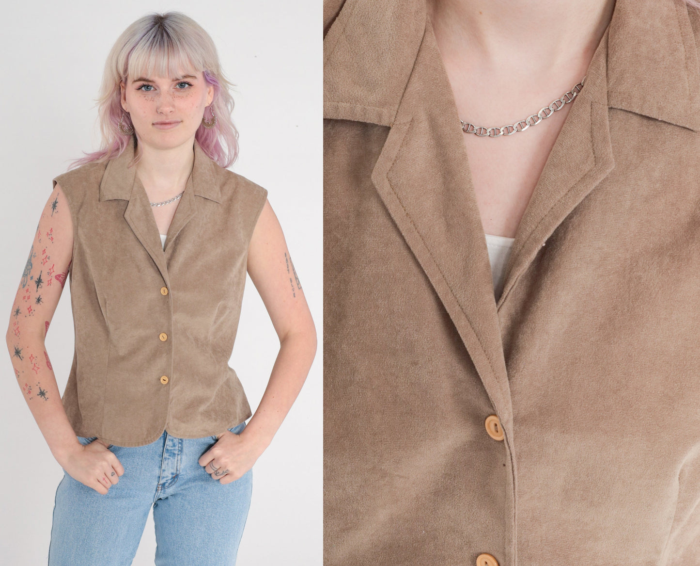 90s Taupe Faux Suede Button-Up Tank Top Sleeveless Collared Medium