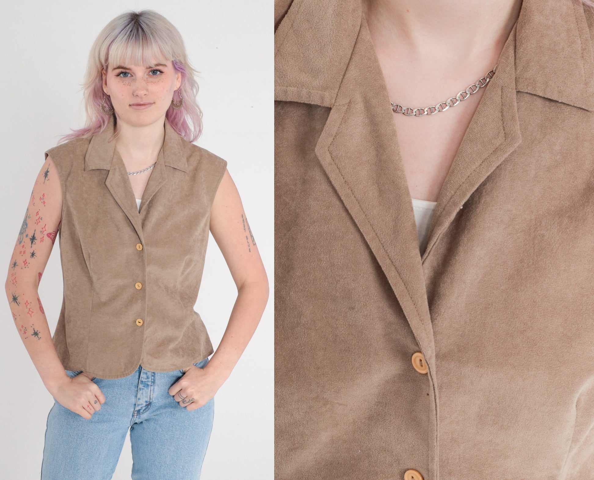 90s Taupe Faux Suede Button-Up Tank Top Sleeveless Collared Medium