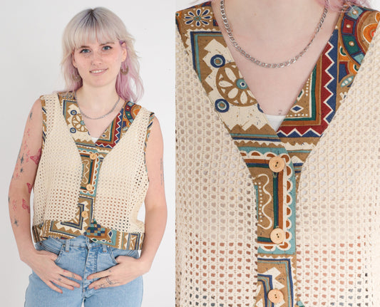 90s Cream Crochet Tank Top Geometric Open Weave Button Front Large L