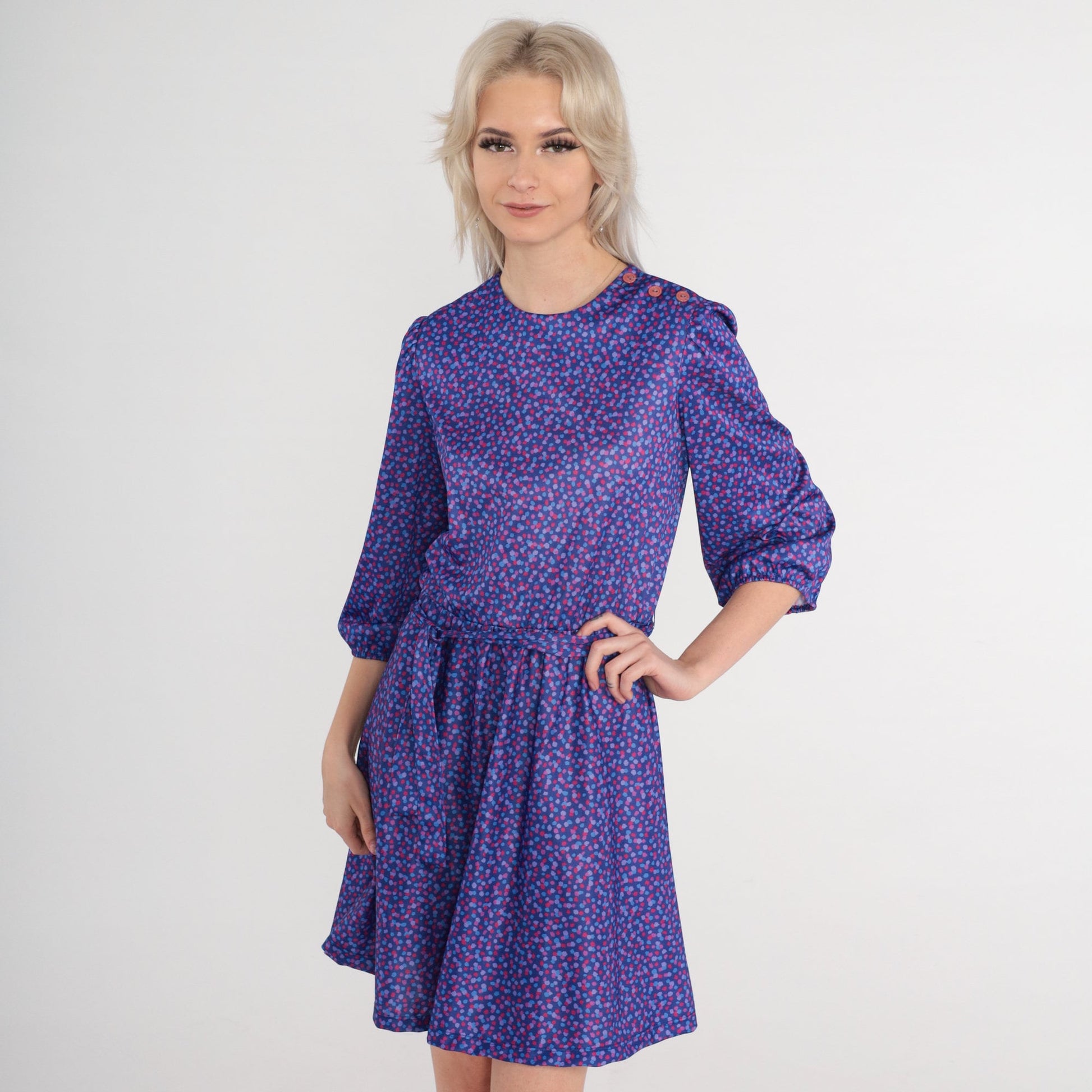 80s Purple Confetti Mini Dress Puff Sleeve Shoulder Buttons Small