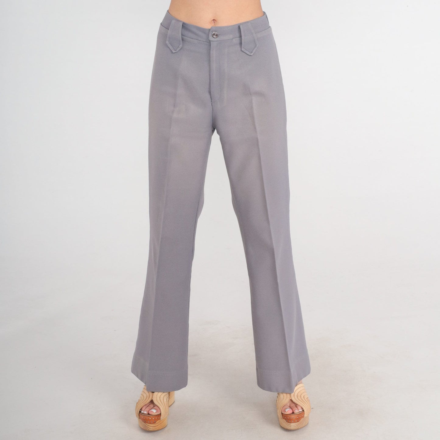 70s Grey Flared Trousers High Waist Creased Leg Vintage Lasso Small