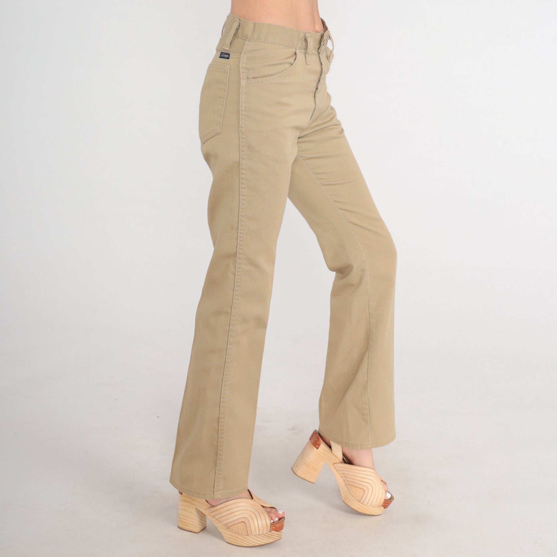 70s Mr. Leggs Khaki Flared Trousers Mid Rise Bell Bottoms Small