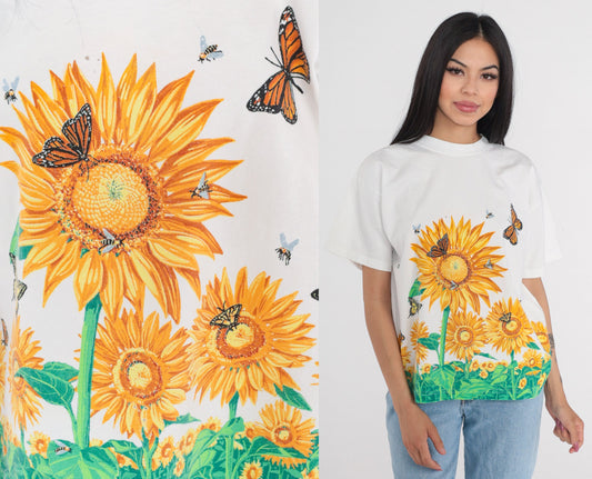90s Sunflower Bumblebee Butterfly Graphic T-Shirt Cotton Floral Tee Large