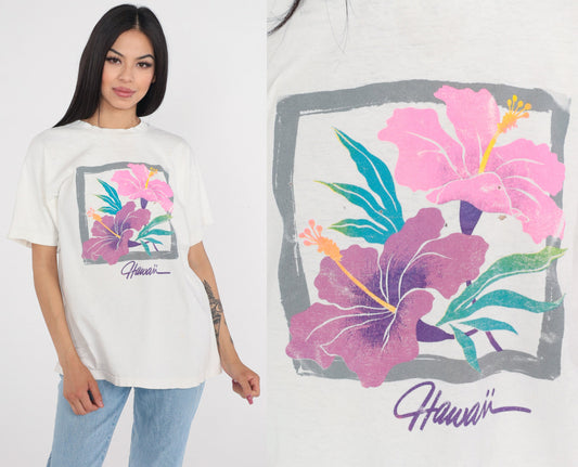 90s Hawaii Hibiscus Flower Graphic T-Shirt White Single Stitch Large
