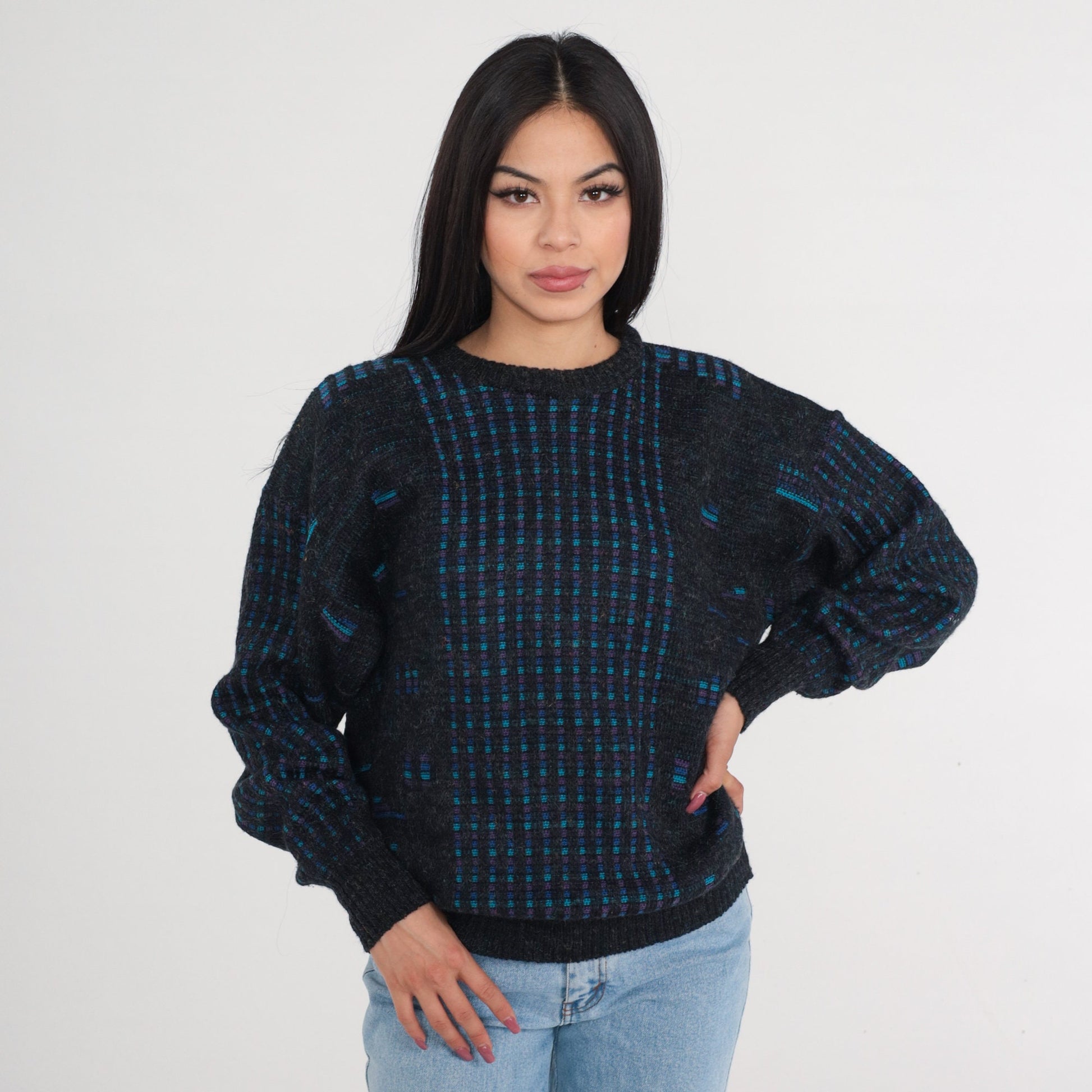 90s Checkered Knit Sweater Dark Grey Blue Purple Pullover Medium M