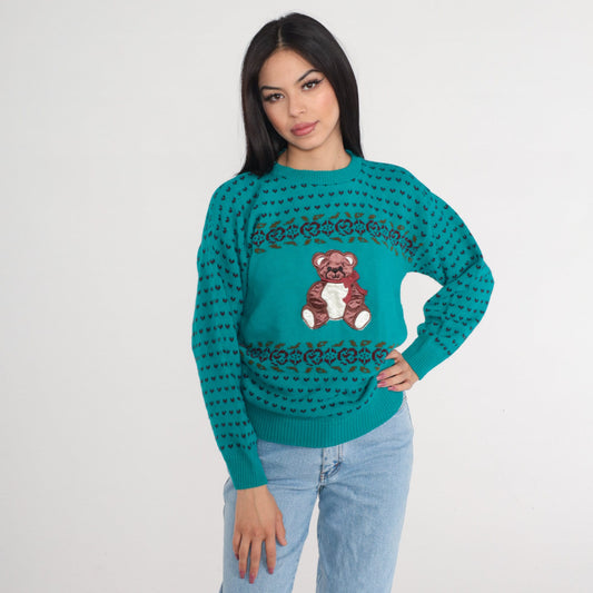 80s Teal Knit Sweater Teddy Bear Floral Hearts Pullover Small
