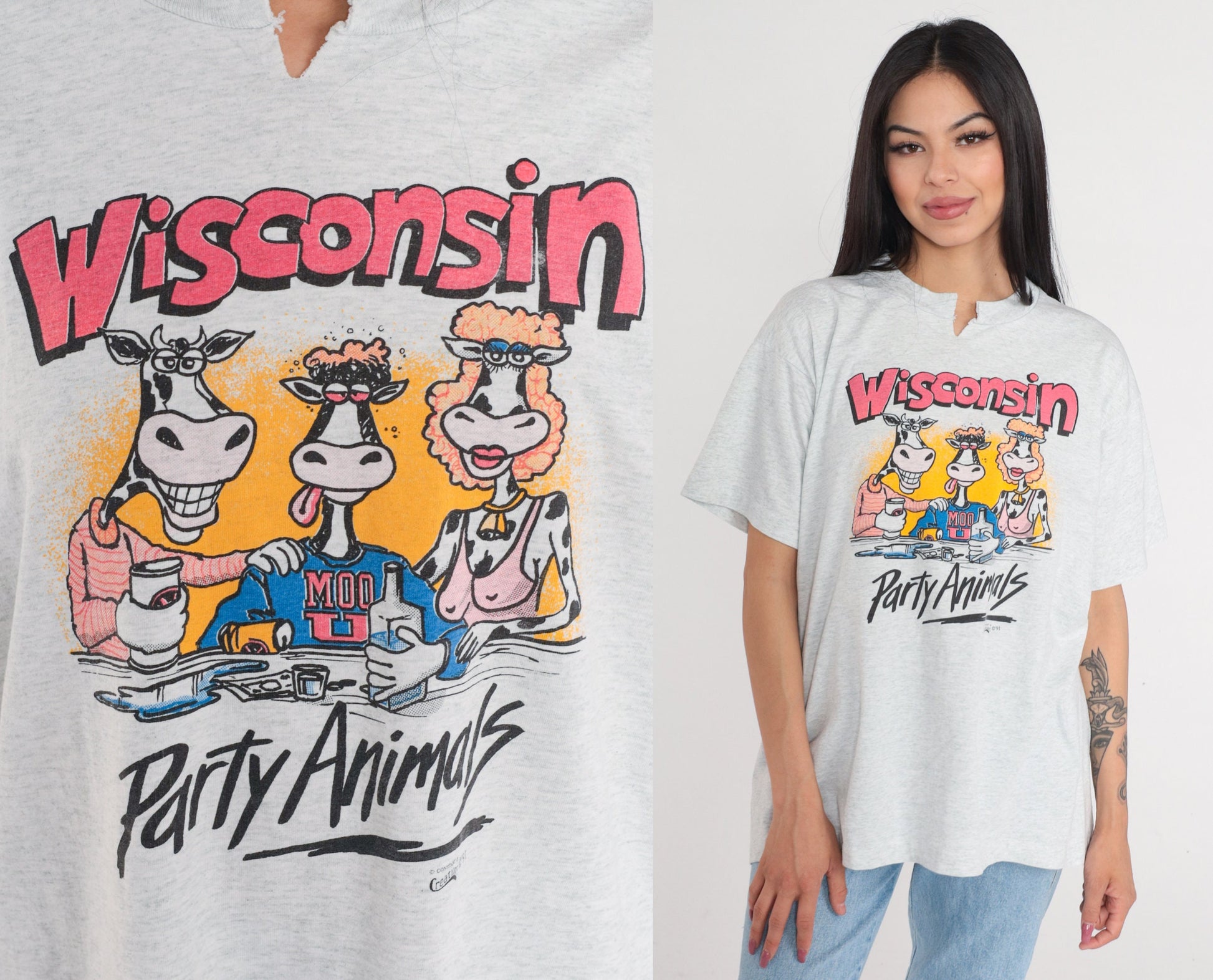 90s Wisconsin Party Animals Cow Graphic T-Shirt White Single Stitch Extra Large