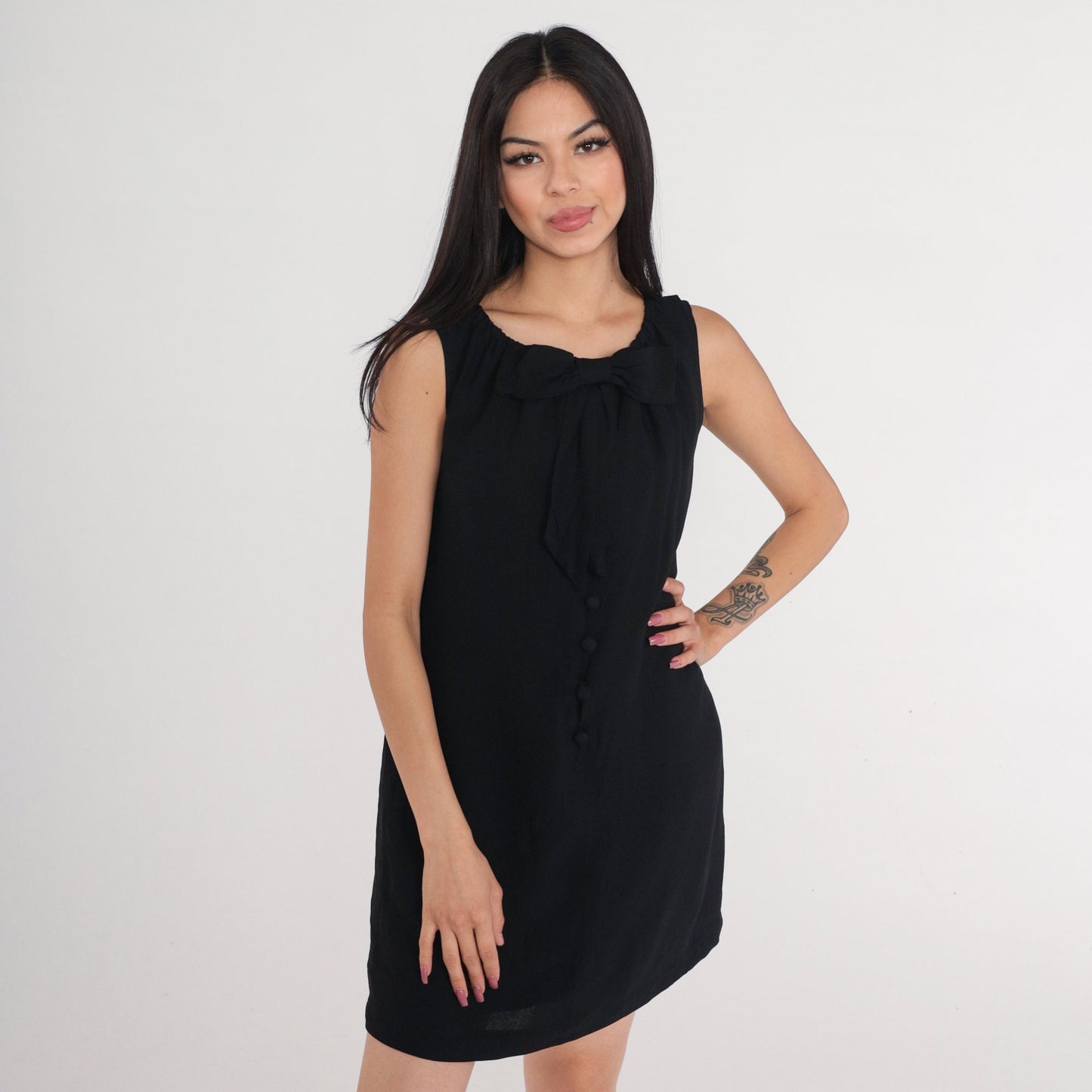 60s Black Shift Dress Bow Neckline Button Front Mini Medium M