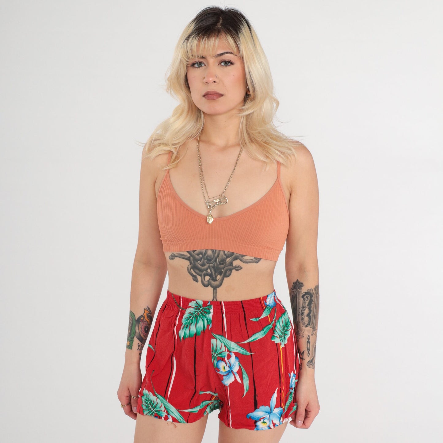80s Tropical Floral High-Waist Shorts Red Cotton Jungle Print XS