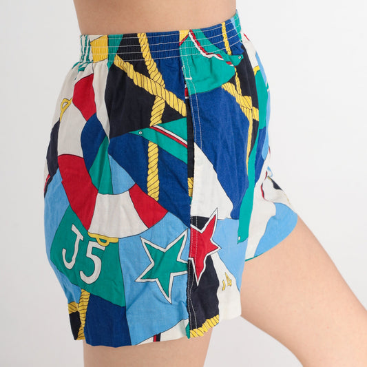 80s Nautical Abstract Print Shorts High Waist Elastic Cotton Blue Green XS