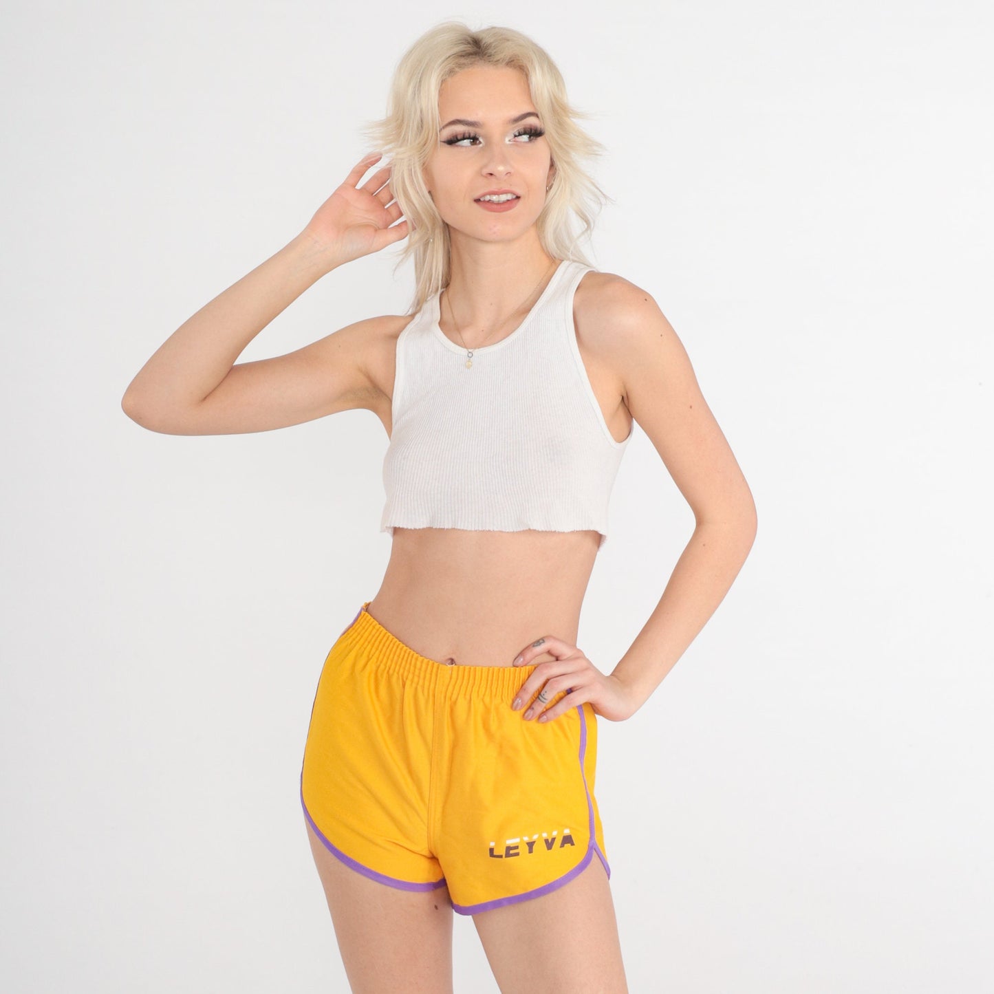 80s Leyva Yellow Dolphin Shorts Purple Ringer Trim Extra Small
