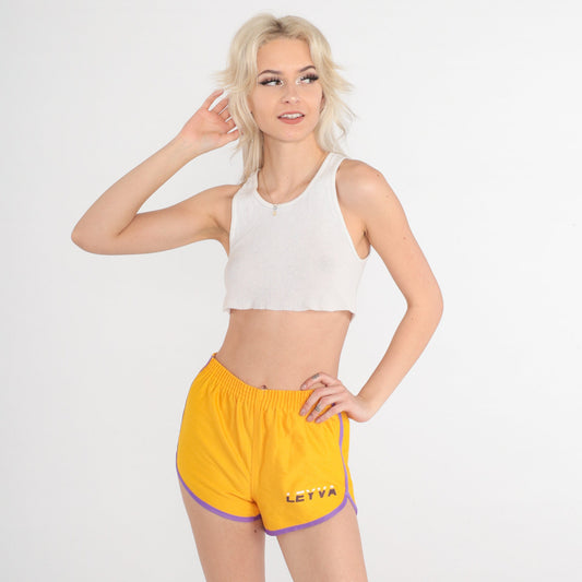 80s Leyva Yellow Dolphin Shorts Purple Ringer Trim Extra Small