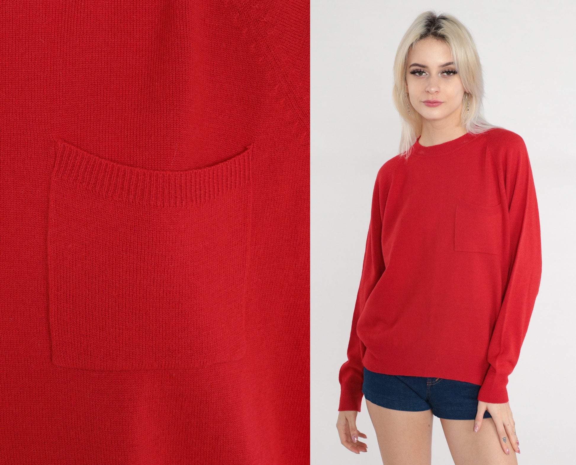 90s Red Lambswool Blend Crewneck Pullover Sweater Chest Pocket Medium M
