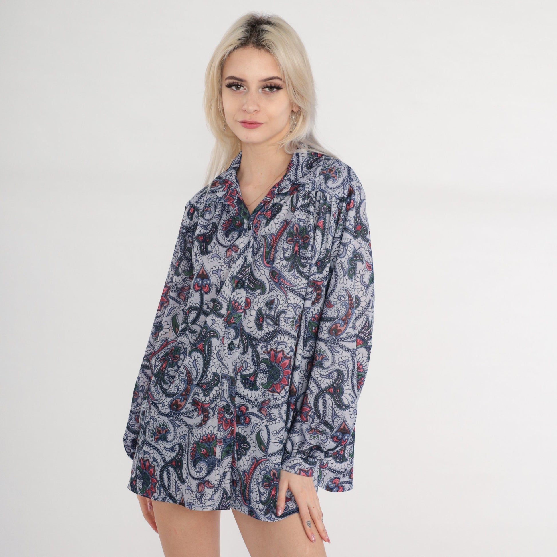 70s Indian Floral Print Button-Up Blouse Long Sleeve Pleated Yoke Medium