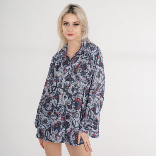 70s Indian Floral Print Button-Up Blouse Long Sleeve Pleated Yoke Medium