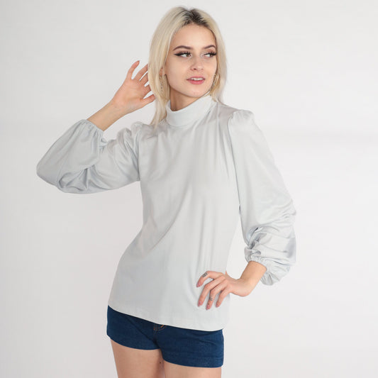 70s Cement Grey Mock Neck Puff Sleeve Blouse Small S