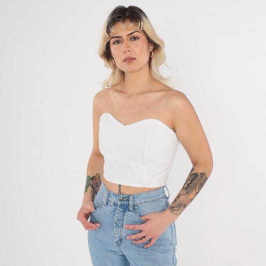 80s White Bustier Crop Top Pearl Beaded Sweetheart Neckline Smocked Medium