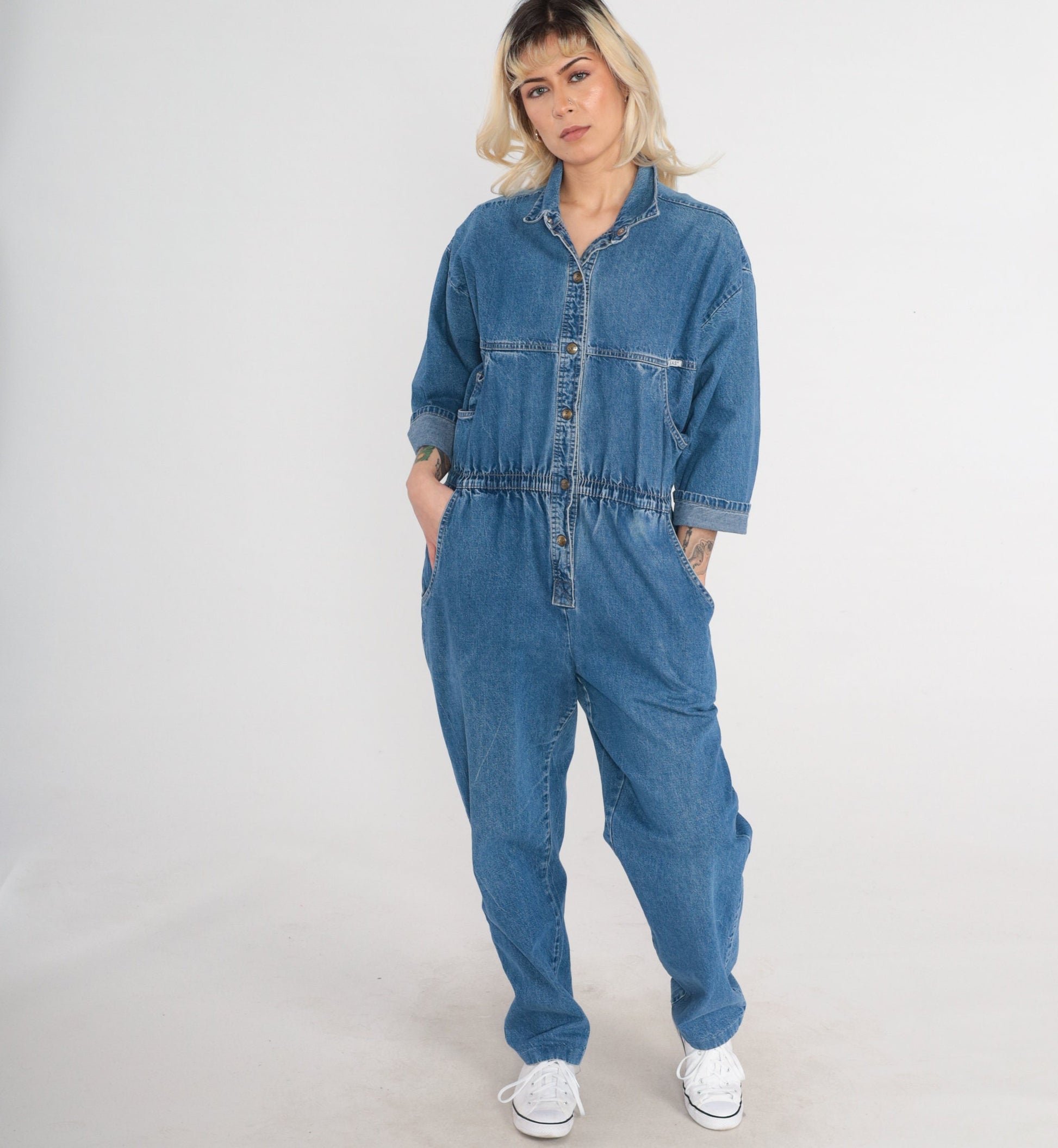 90s Ideas Denim Jumpsuit Blue Snap Chest 3/4 Sleeve Medium