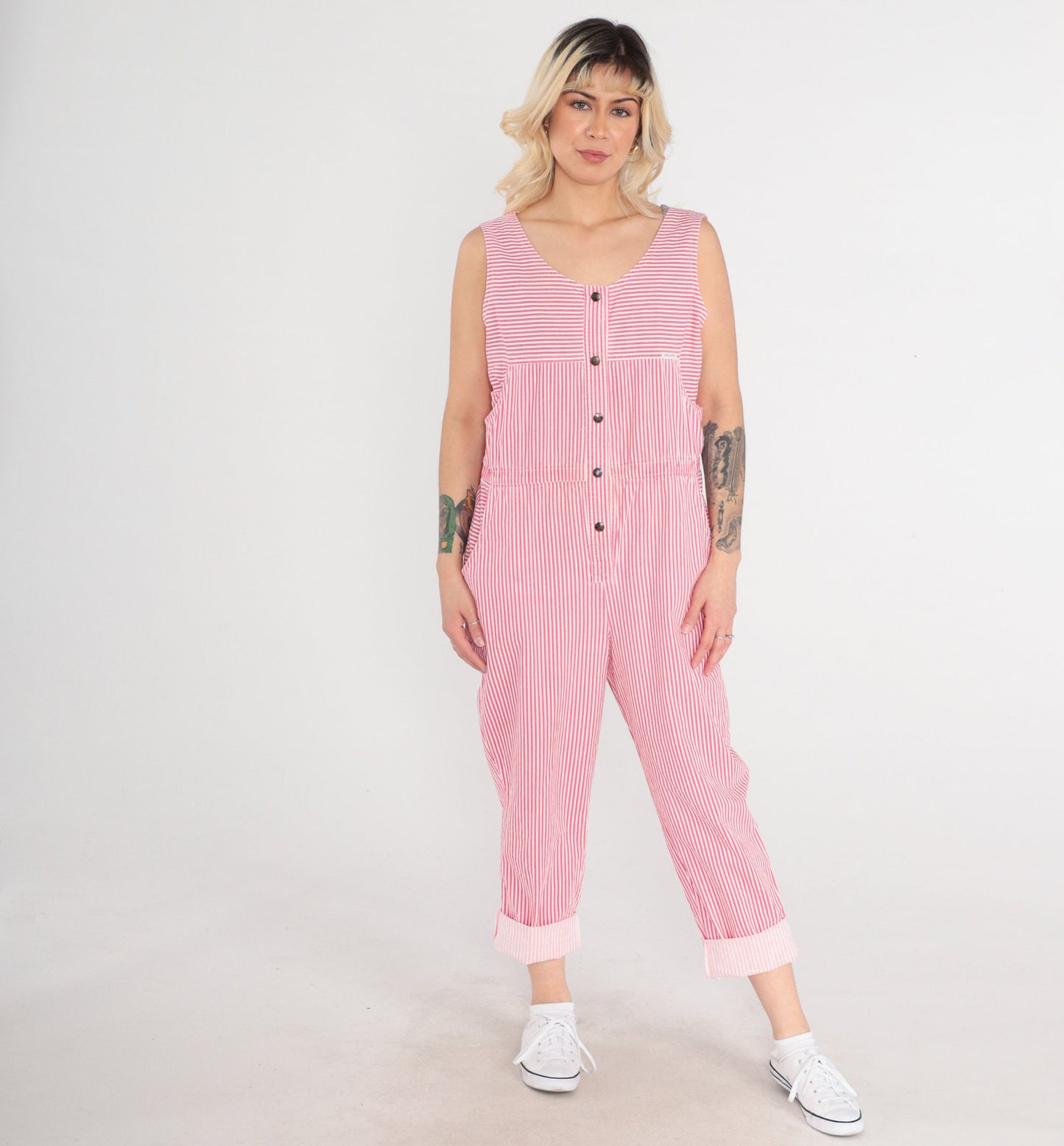 90s Dreams Striped Jumpsuit Pink White Snap Front Sleeveless Medium