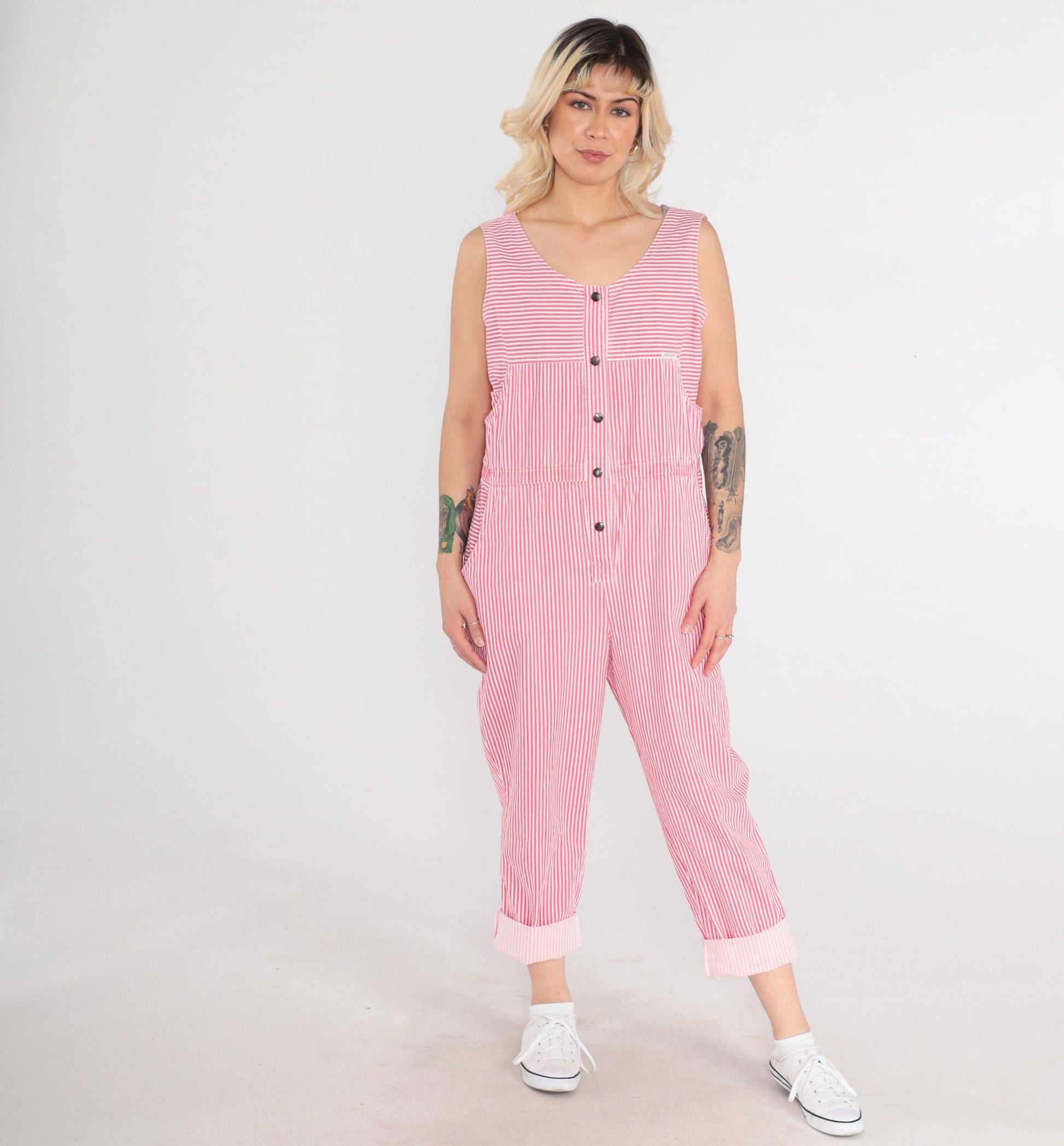 90s Dreams Striped Jumpsuit Pink White Snap Front Sleeveless Medium