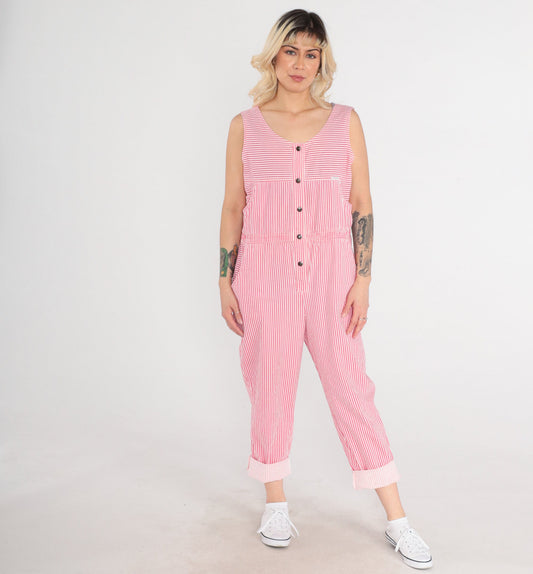 90s Dreams Striped Jumpsuit Pink White Snap Front Sleeveless Medium