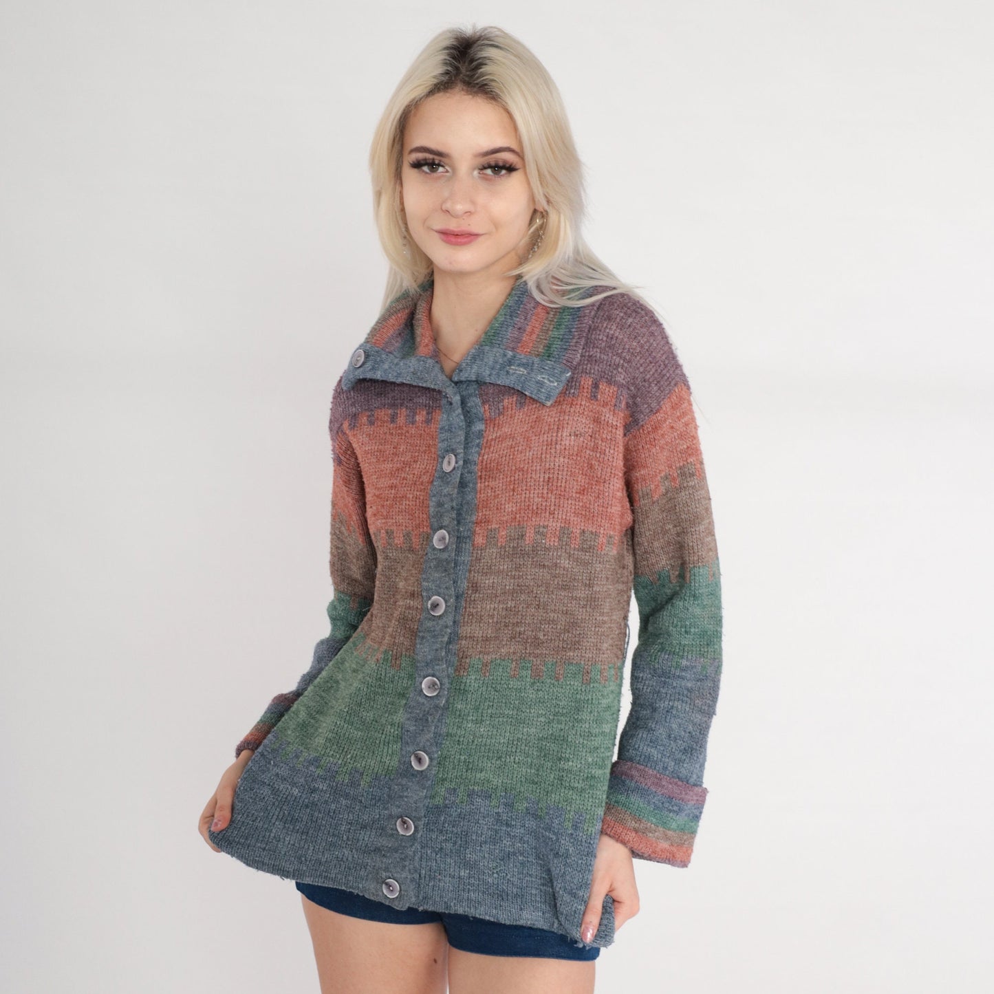 70s Striped Cardigan Knit Button Up Sweater Orange Blue Purple Green Medium M