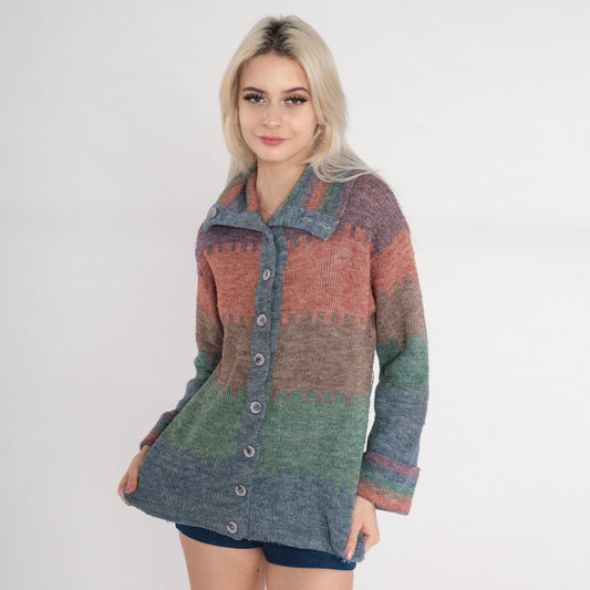 70s Striped Cardigan Knit Button Up Sweater Orange Blue Purple Green Medium M