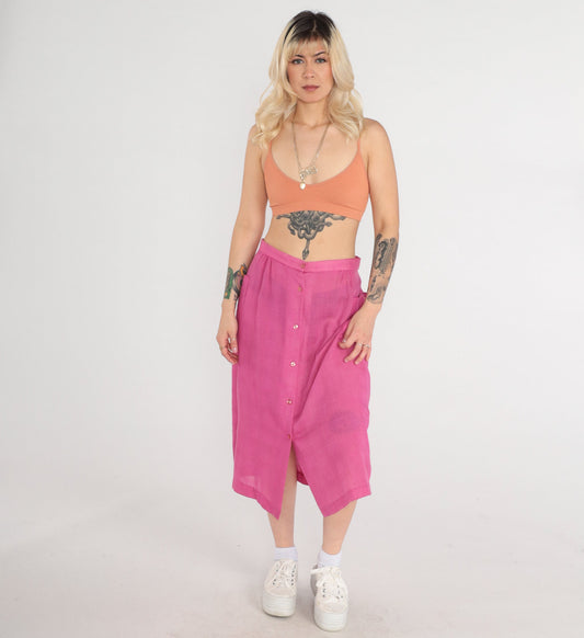 80s Pink Button-Up Midi Skirt High Waist Sheer Medium