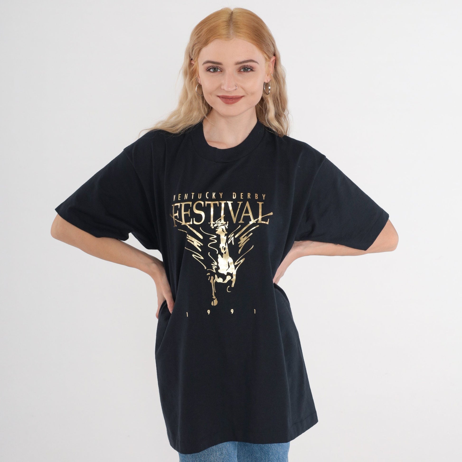 1993 Kentucky Derby Graphic T-Shirt 90s Horse Racing Metallic Black Gold Extra Large XL