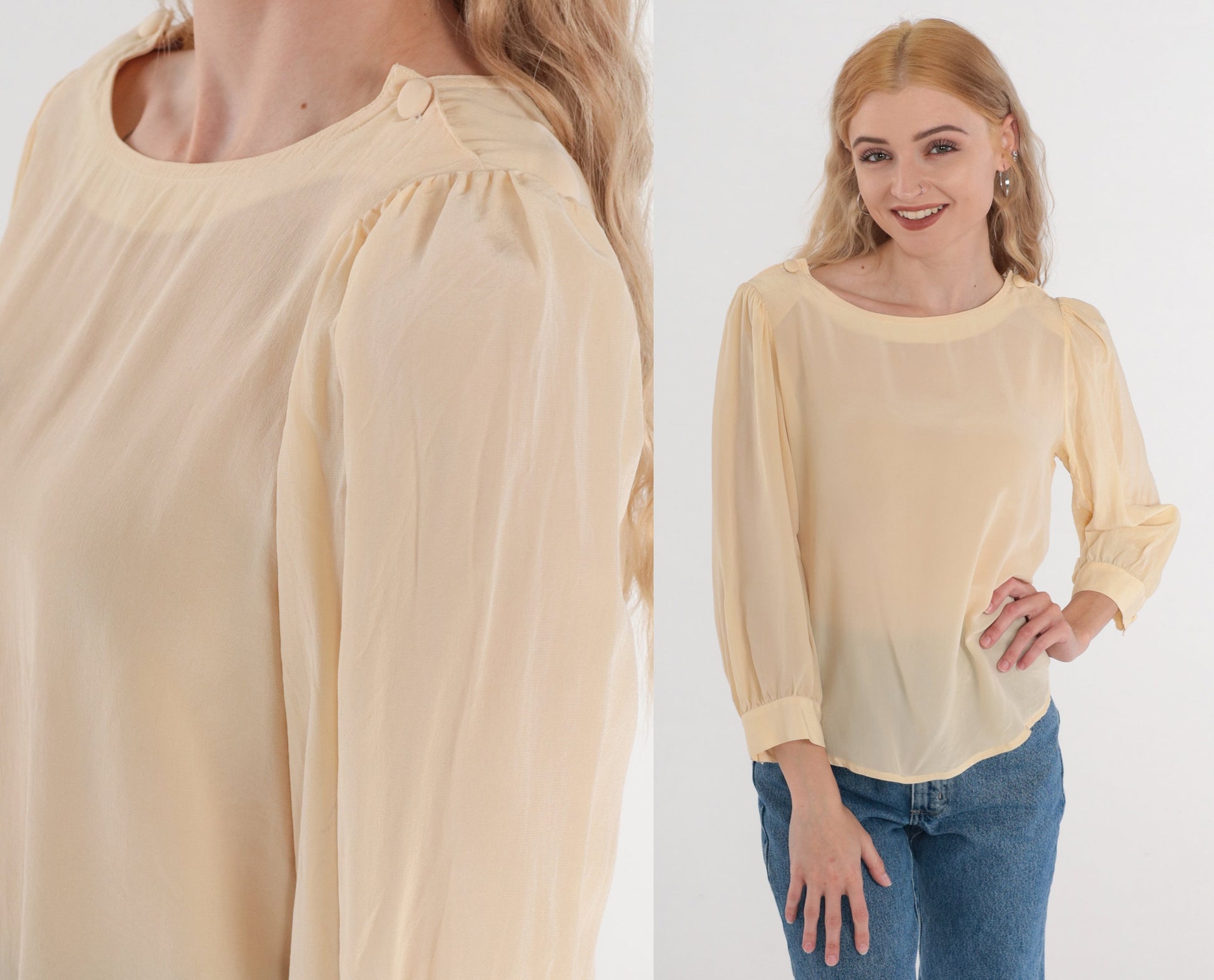 80s Jonathan Martin Cream Silk Blouse Puff Sleeve Button Shoulder Medium