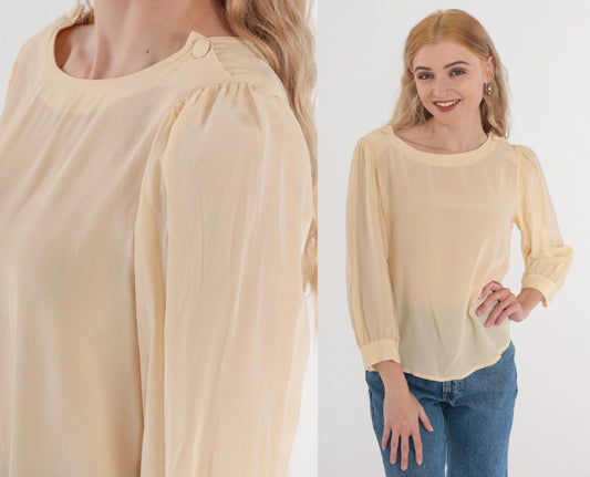 80s Jonathan Martin Cream Silk Blouse Puff Sleeve Button Shoulder Medium