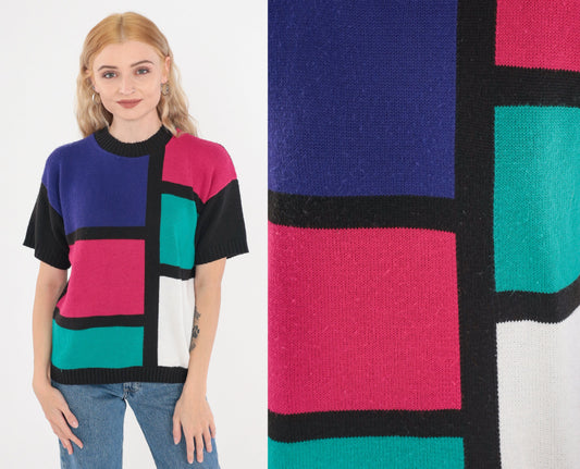 80s Mondrian Color Block Knit Top Short Sleeve Black Pink Purple Green Medium