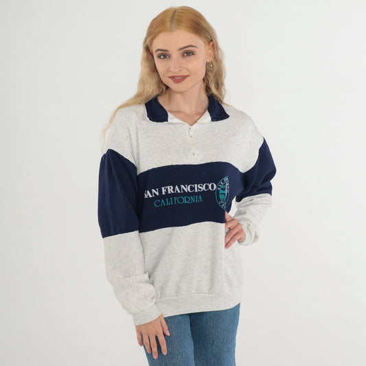 90s San Francisco Cable Car Quarter Zip Sweatshirt Heather Grey Blue Medium