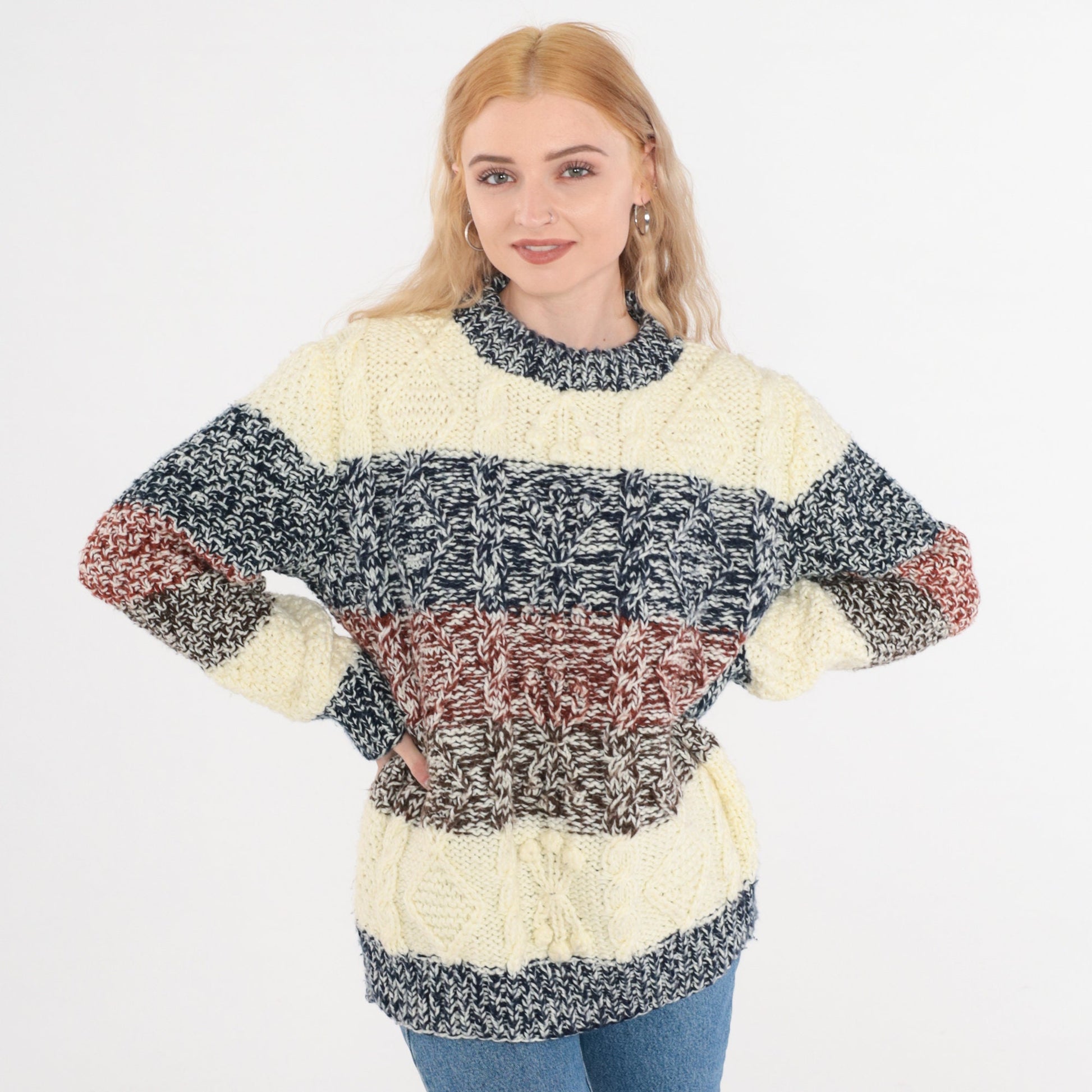 80s Alfie Cable Knit Striped Pullover Sweater Cream Blue Rust Small