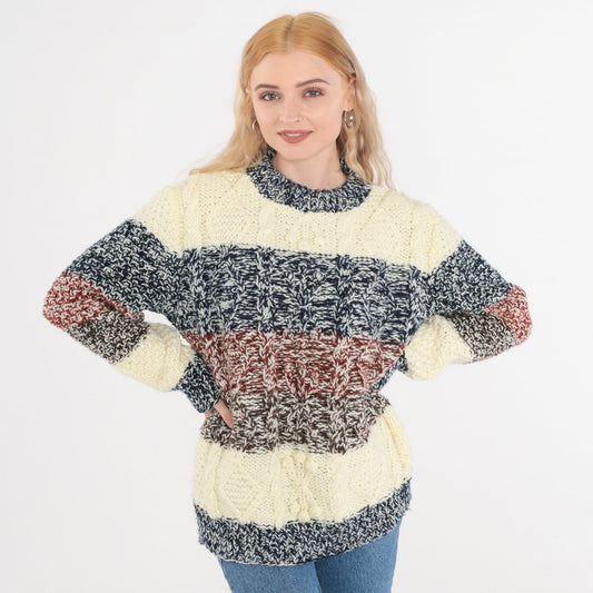 80s Alfie Cable Knit Striped Pullover Sweater Cream Blue Rust Small