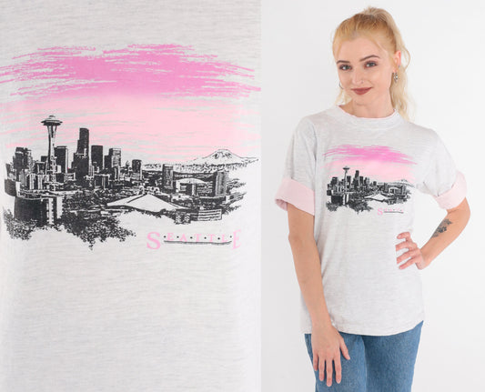 90s Seattle Mt Rainier Graphic T-Shirt Heather Grey Pink Cuff Small