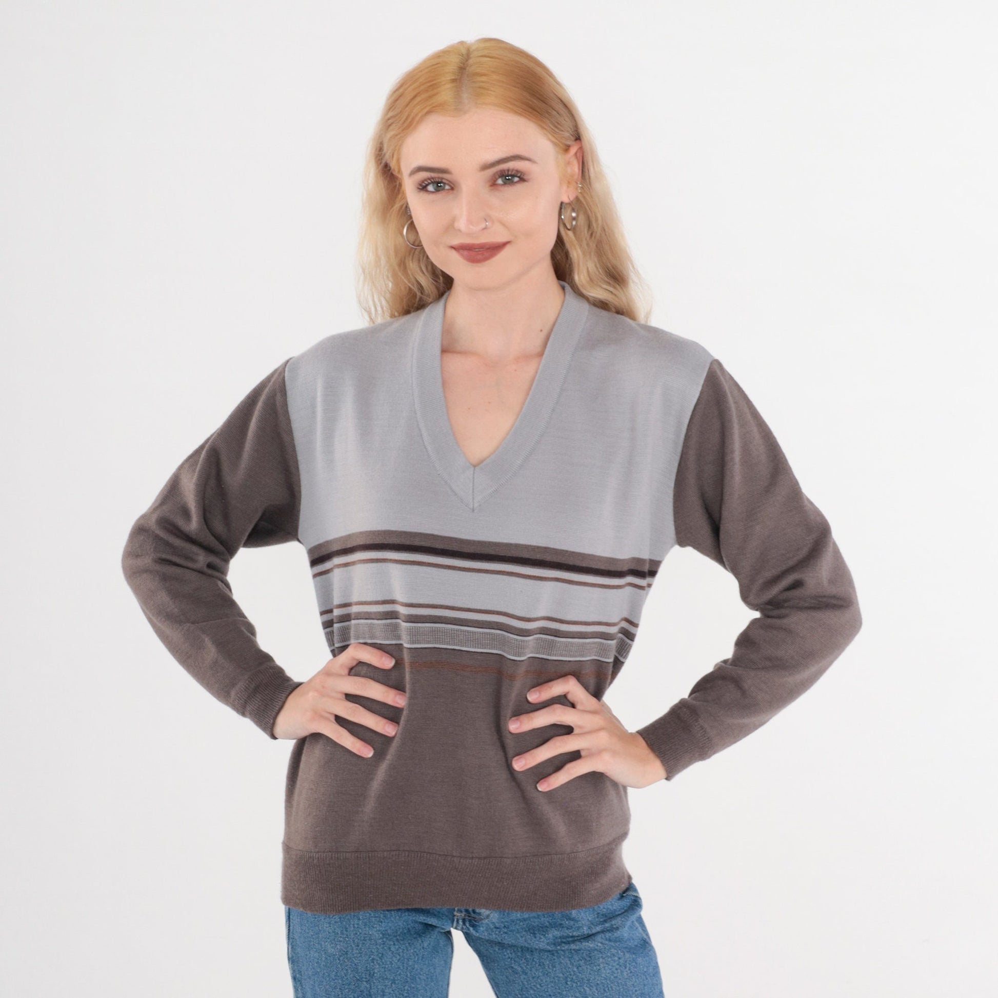 80s Striped V-Neck Sweater Wool Blend Grey Taupe Pullover Small Medium