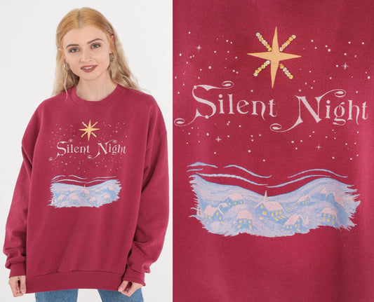 90s Jerzees Silent Night Christmas Sweatshirt Rhinestone Star Magenta XL