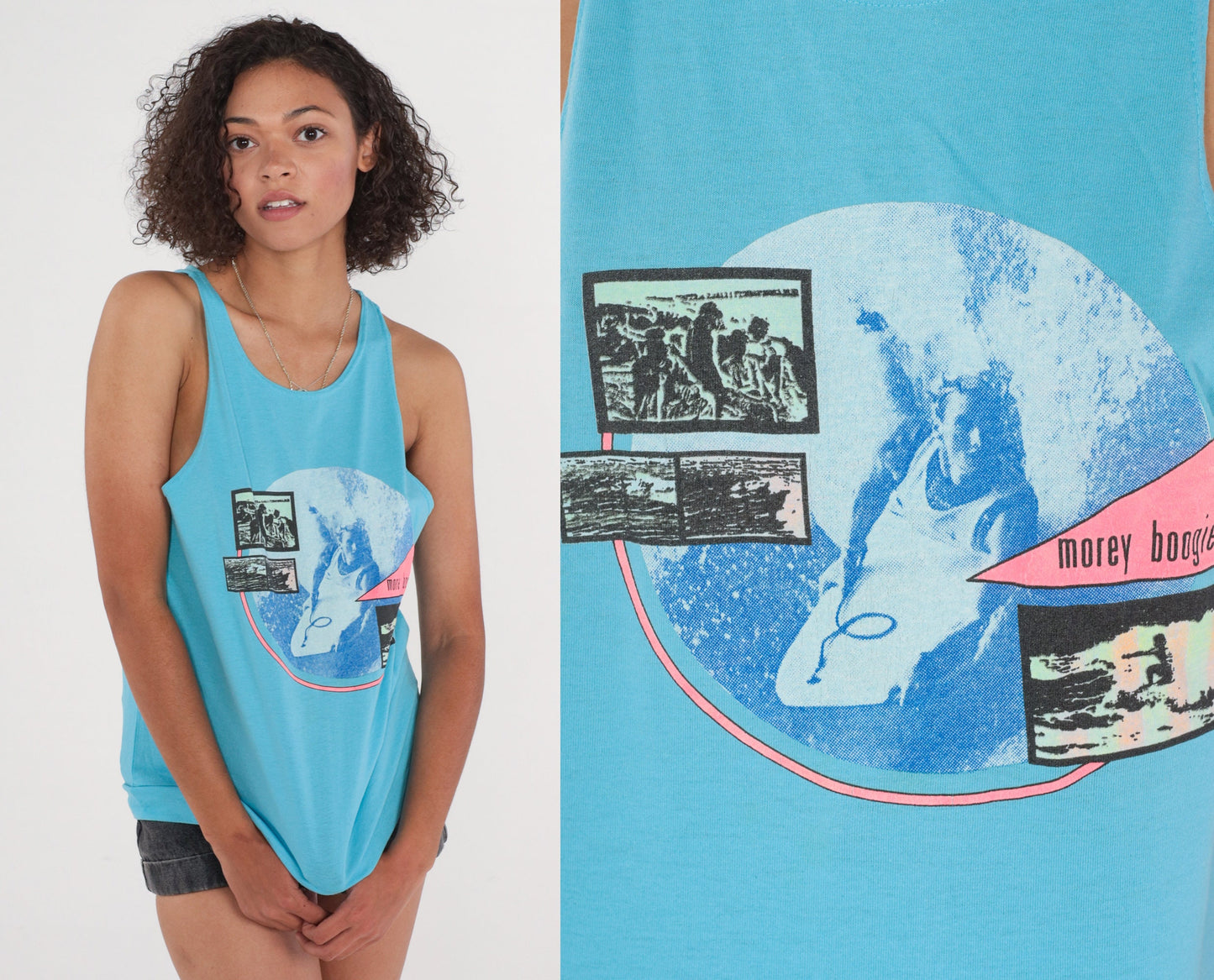 90s Morey Boogie Surfer Tank Top Blue Graphic Muscle Tee Medium
