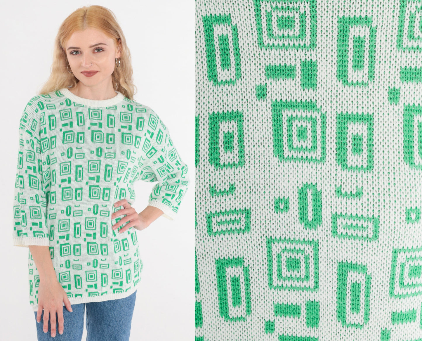 80s Helen Harper Geometric Square Knit Sweater White Green 3/4 Sleeve Small