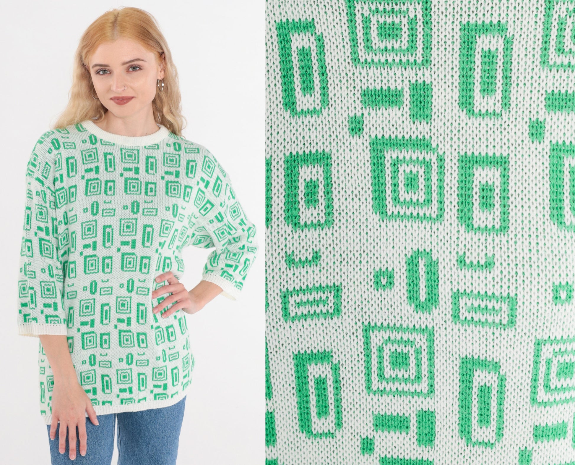 80s Helen Harper Geometric Square Knit Sweater White Green 3/4 Sleeve Small