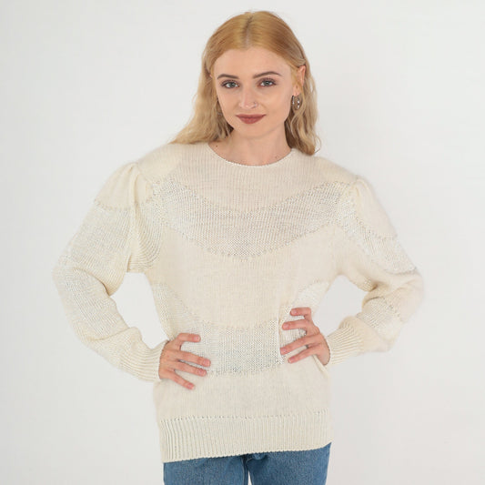 80s Pearl Beaded Off-White Mohair Knit Sweater Puff Sleeve Crewneck Medium M