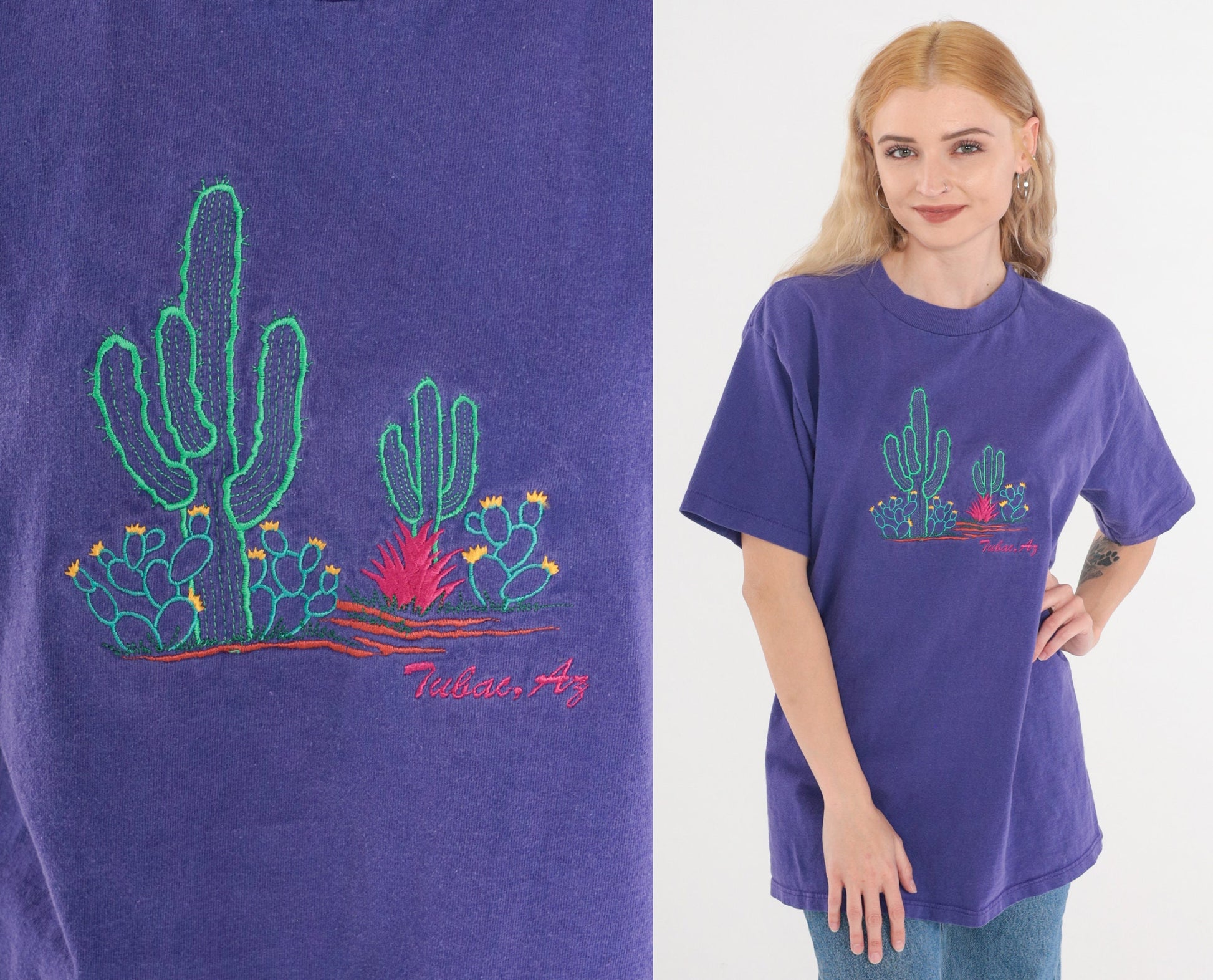 90s Tubac Arizona Cactus Embroidered T-Shirt Purple Graphic Tee Medium