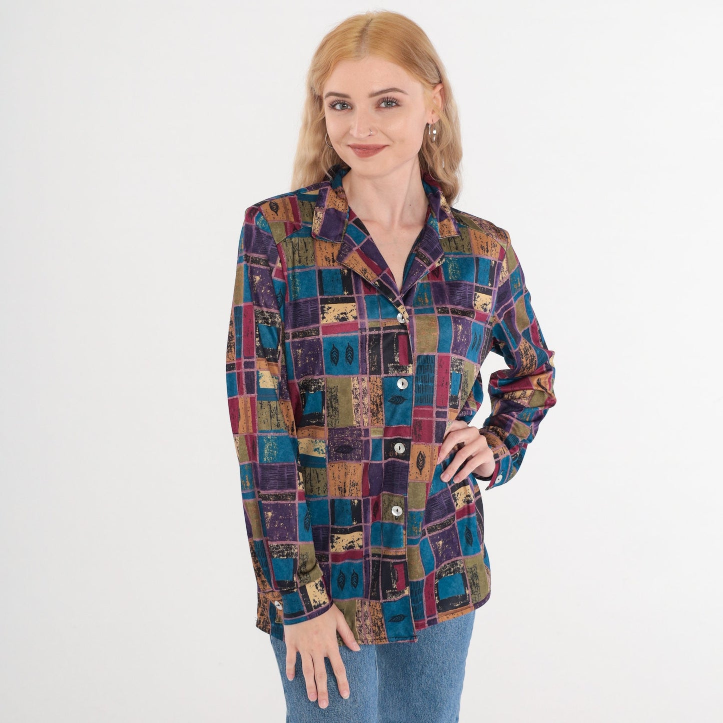 80s Multicolor Leaf Checkered Button-Up Blouse Long Sleeve Medium Large